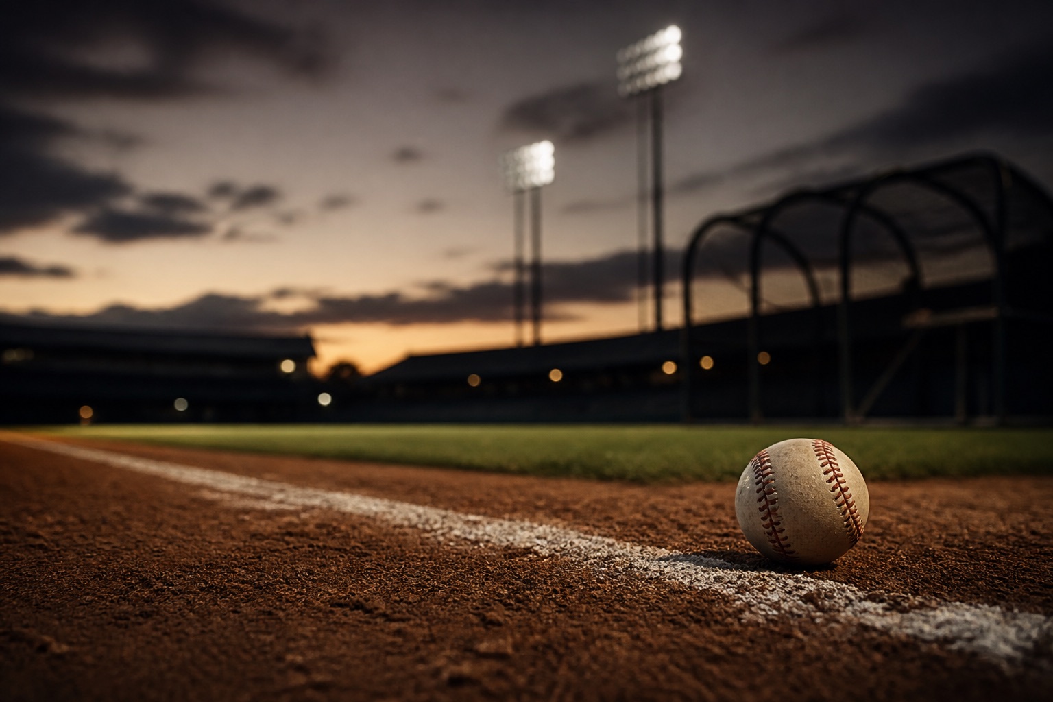 A baseball on infield clay near a white foul line at dusk